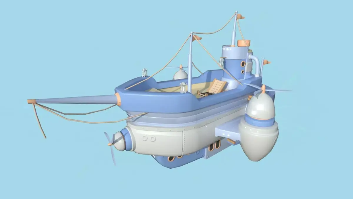 Cartoon Airship 01 - White Blue - Low Poly Ship Low-poly 3D model