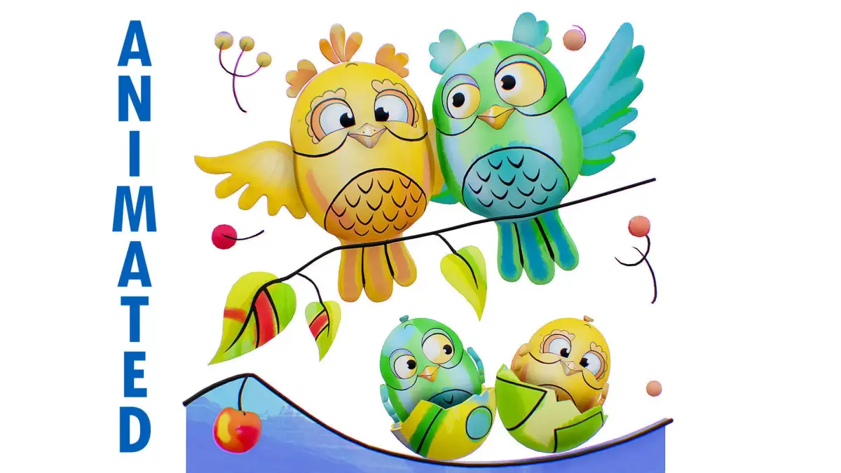 Owl Family Scenery - Owls Famillar Bird Animal - Chick Baby Low-poly 3D model
