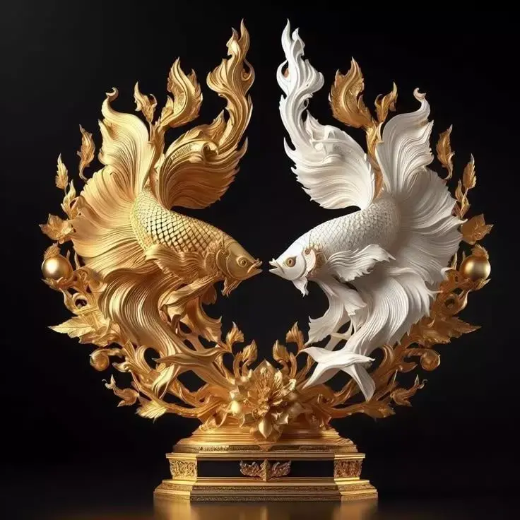 Fish Sculpture Floral Golden White Yin-Yang Base Asian 3D Low-poly 3D model