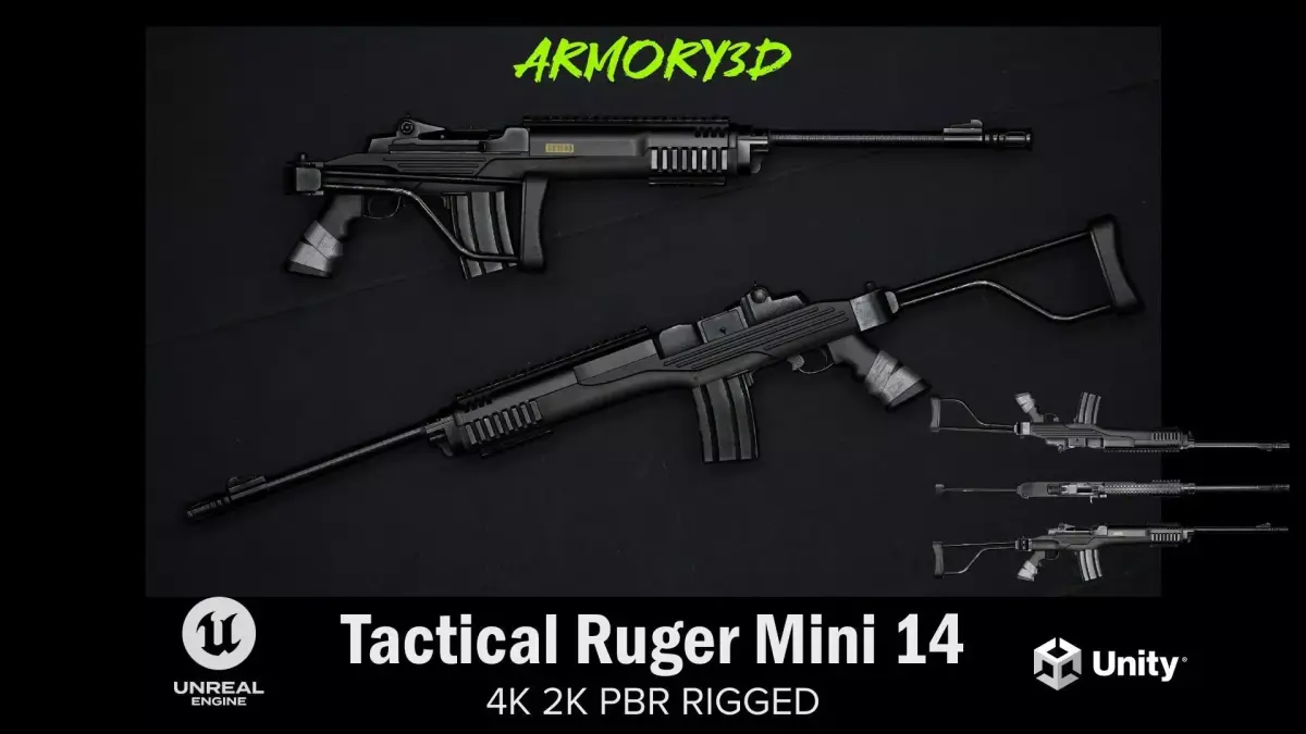 Game Ready Tactical Ruger Mini 14 PBR Rigged Low-poly 3D model