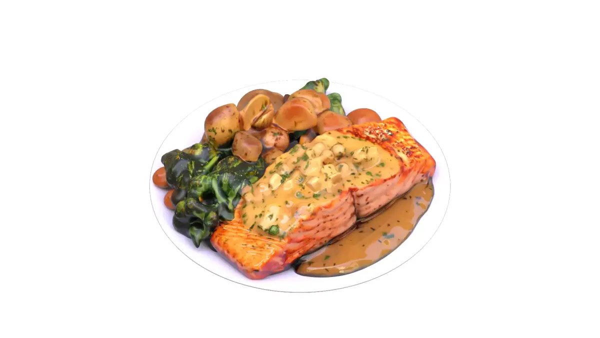 Salmon  with Crispy Potatoes and  Broccolis Low-poly 3D model