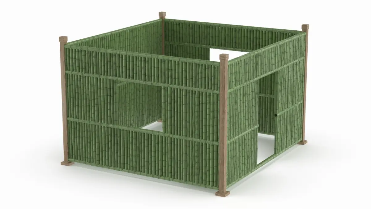 Bamboo Wall Panel Set with Door Window Solid Panels and Posts 3D model