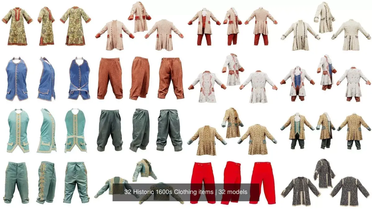 32 Historic 1600s Clothing items 3D Model Collection