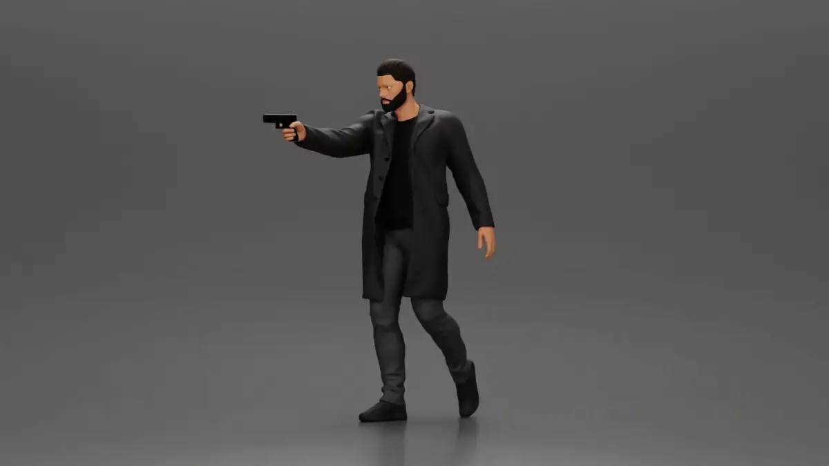 Man in Black Coat Aiming a Gun with Confident Stance 3D print model