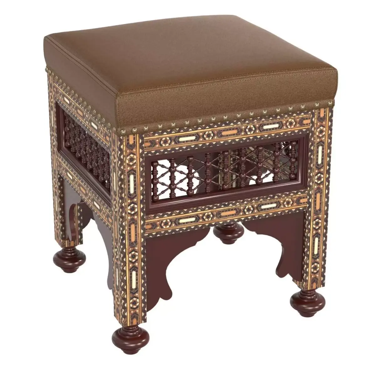 Moroccan Carved and Inlaid Square Upholstered Stool 3D model