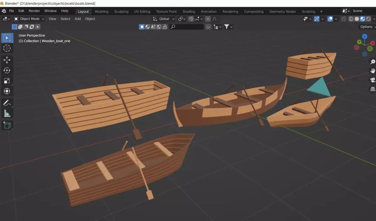 Wooden boats with separate oars Low-poly 3D model