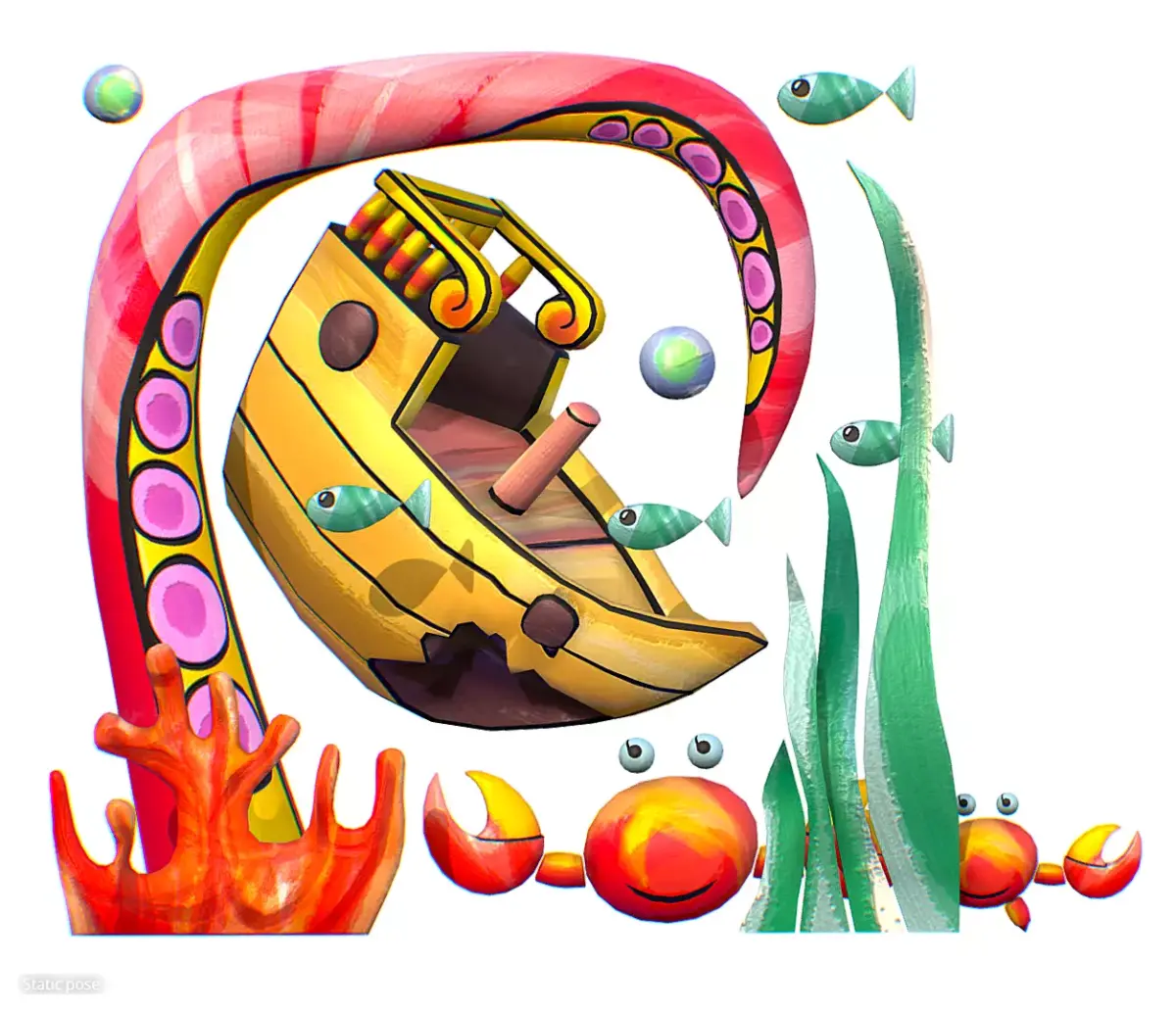 Cartoon 3D illustration Sea Animal Sunken Ship Low-poly 3D model