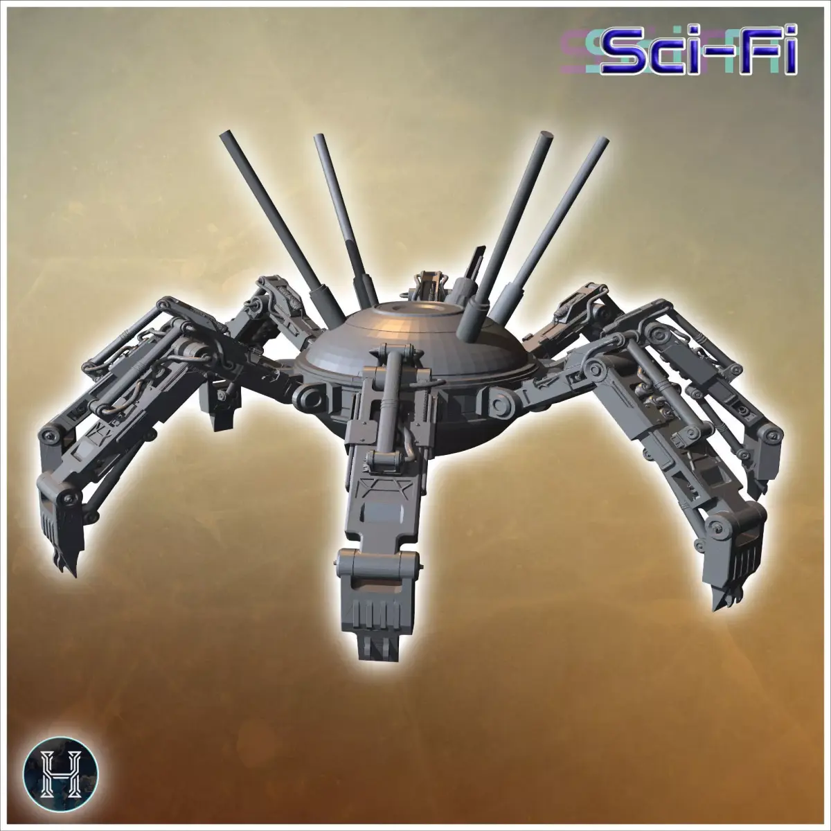 Robotic spider-like machine with multiple articulated legs and a 3D print model
