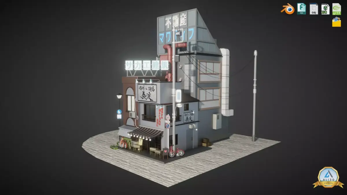 Stylized Japanese Street corner Store and Shops Low-poly 3D model