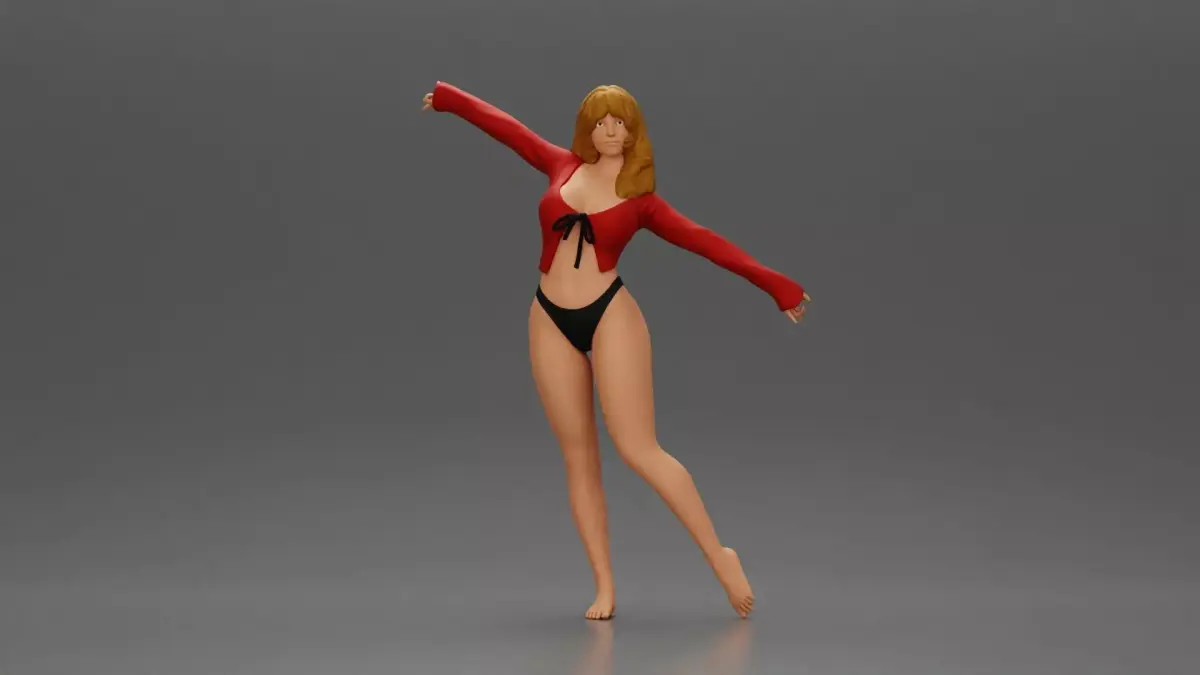 Golden dancer spins gracefully wearing red top and black 3D print model