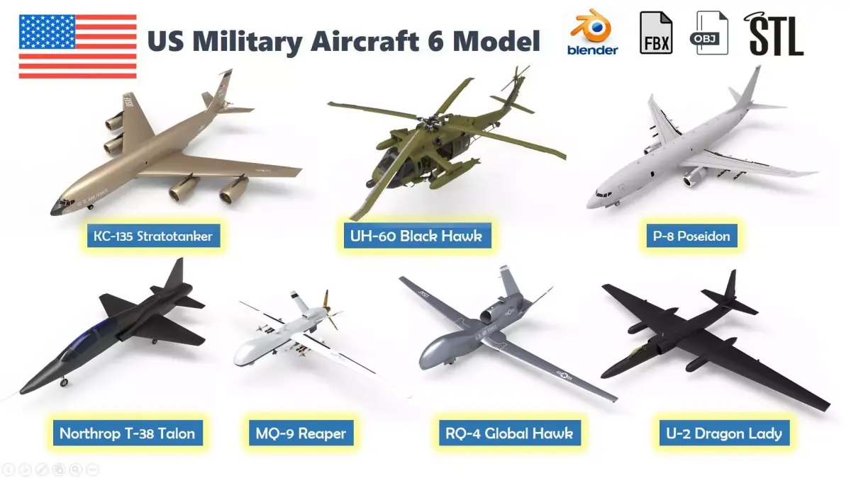 US Military Aircraft 7 list 3d model  Low-poly 3D model