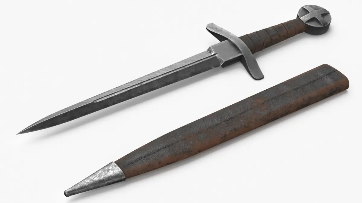 Medieval Crusader Dagger with Leather Case 3D model