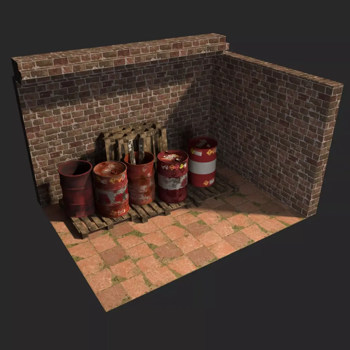 Barrel brick wall with barrels Low-poly 3D model