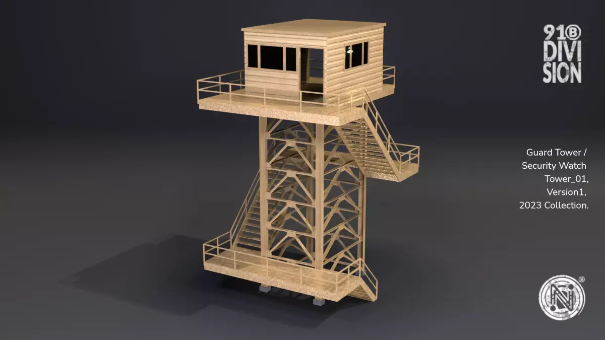 PBR Low Poly Guard Tower Security Watch Tower Cream Clean Low-poly 3D model