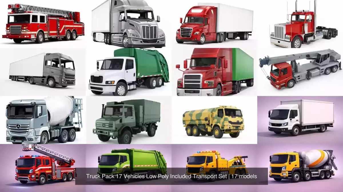 Truck Pack 17 Vehicles Low Poly Included Transport Set