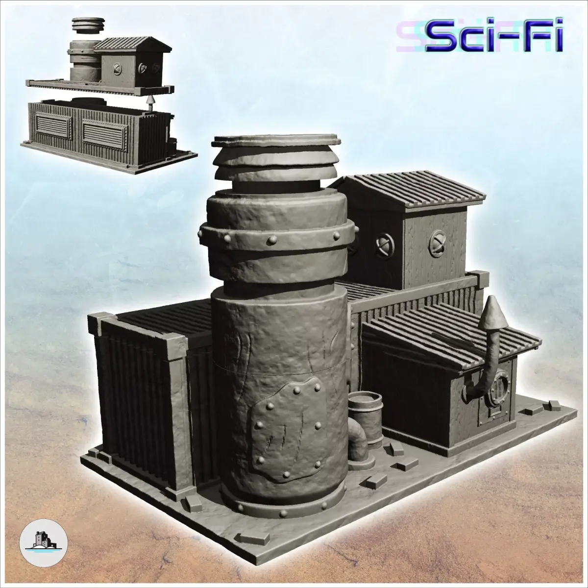 Container-based workshop with large central chimney -6- 3D print model