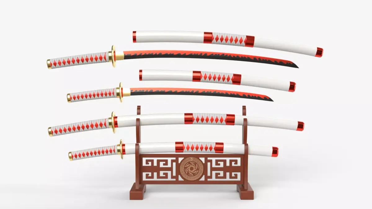 White Double Bladed Katana Wakizashi and Stand 3D model
