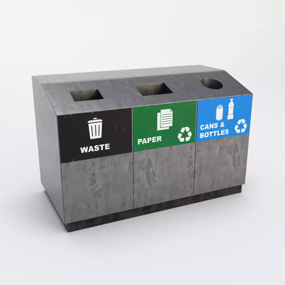 Triple Compartment Recycling Bin - Urban Street Prop Low-poly 3D model