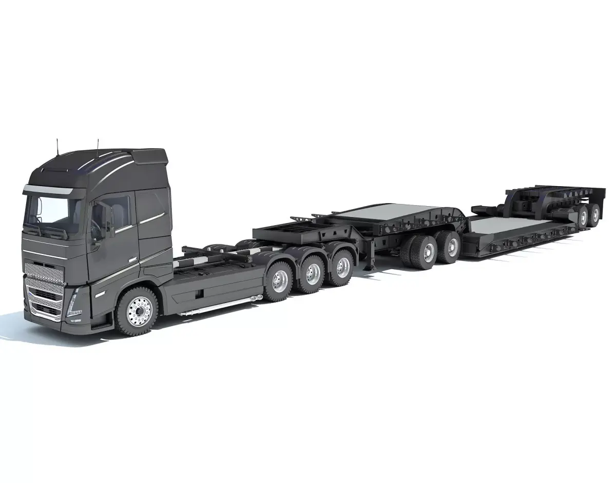Truck with Lowboy Trailer 3D model 2