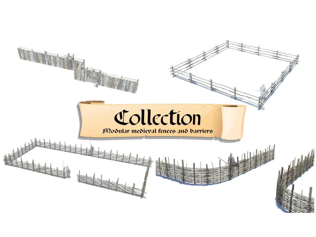 Modular medieval wooden fences and barrier pack 3D Model Collection