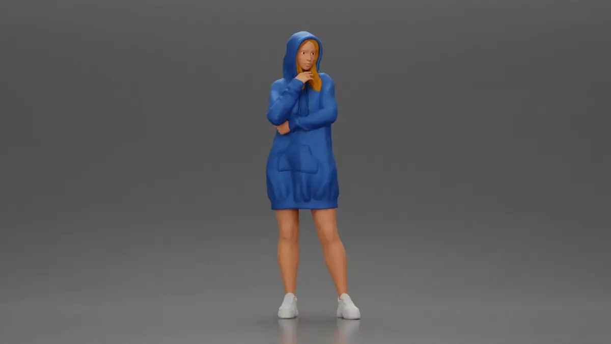 Hooded Woman Standing Thoughtfully Arm Crossed 3D print model