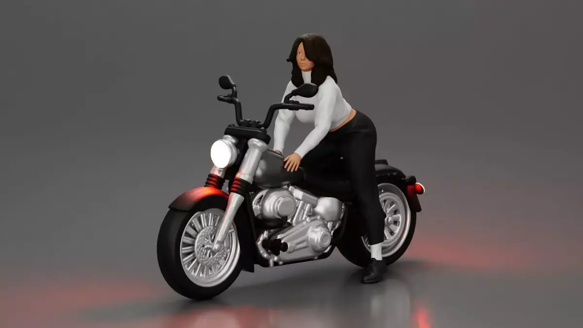 Woman in White Sweater and Black Pants Riding Motorcycle 3D print model purchase