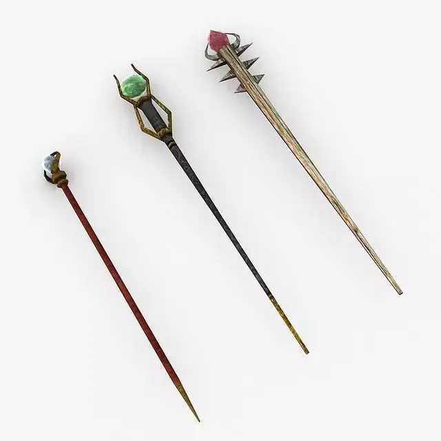 Low poly Staffs golden wand with gemstone Low-poly 3D model