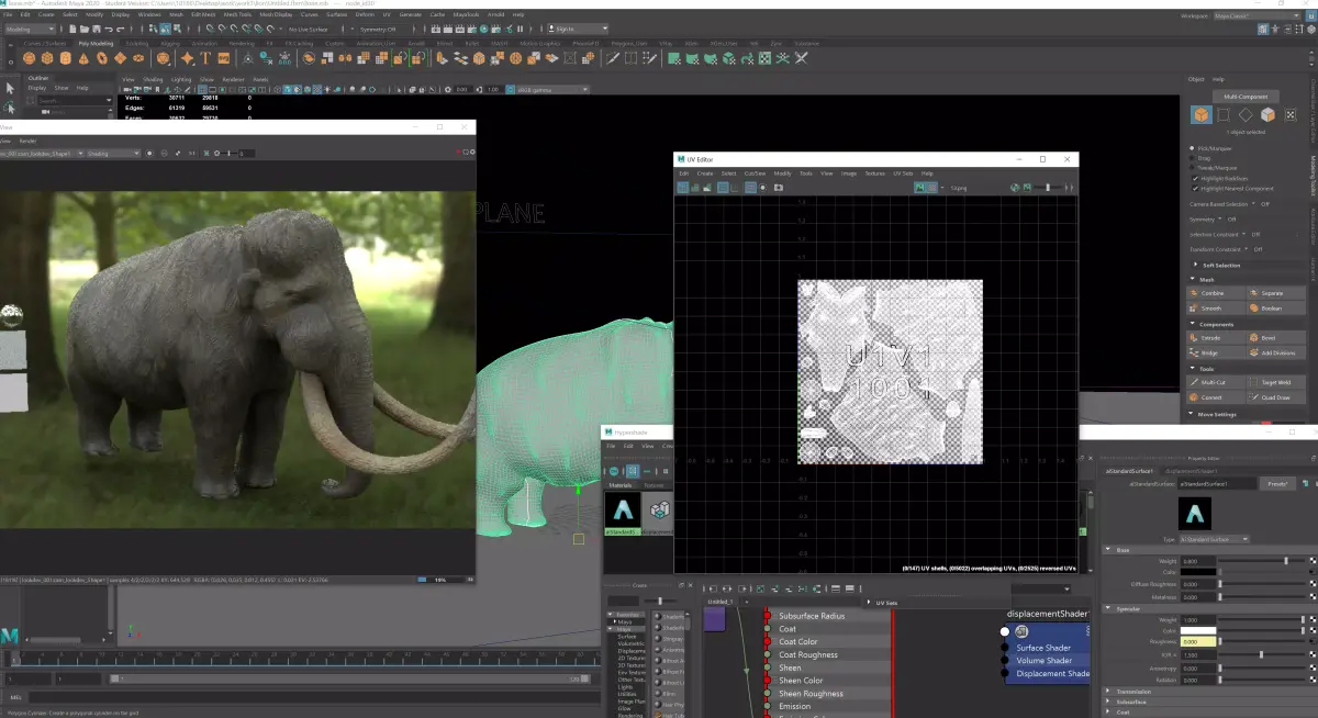 Mammoth elephant on computer screen Low-poly 3D model