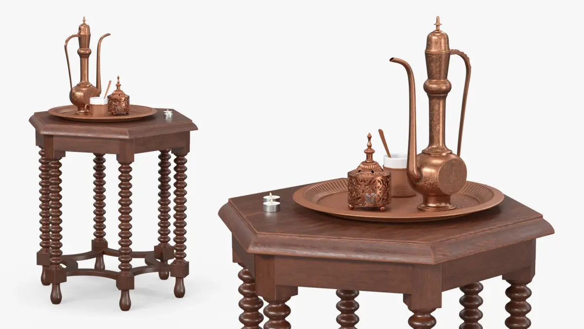 Vintage Arabic Bronze Coffee Service with Candles on Dark Wood Table 3D model