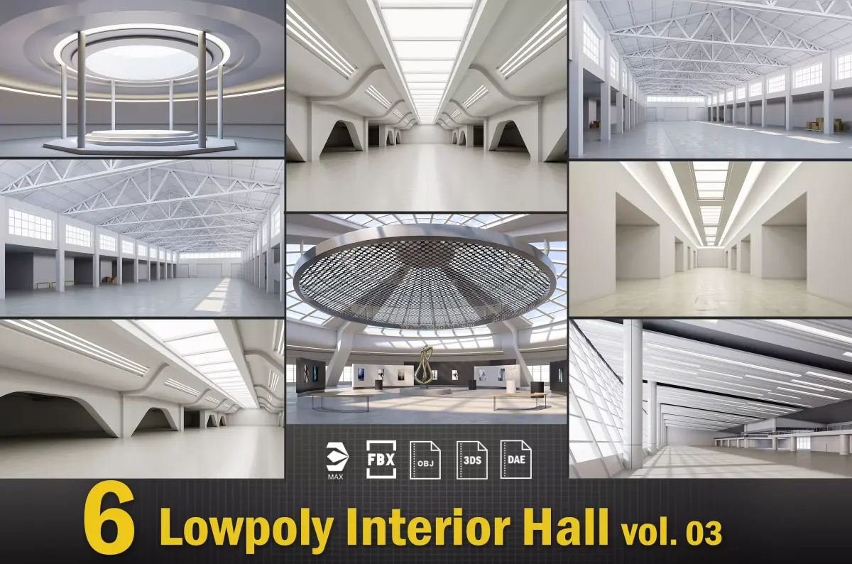 6 low poly interior hall Vol 3 3D Model Pack