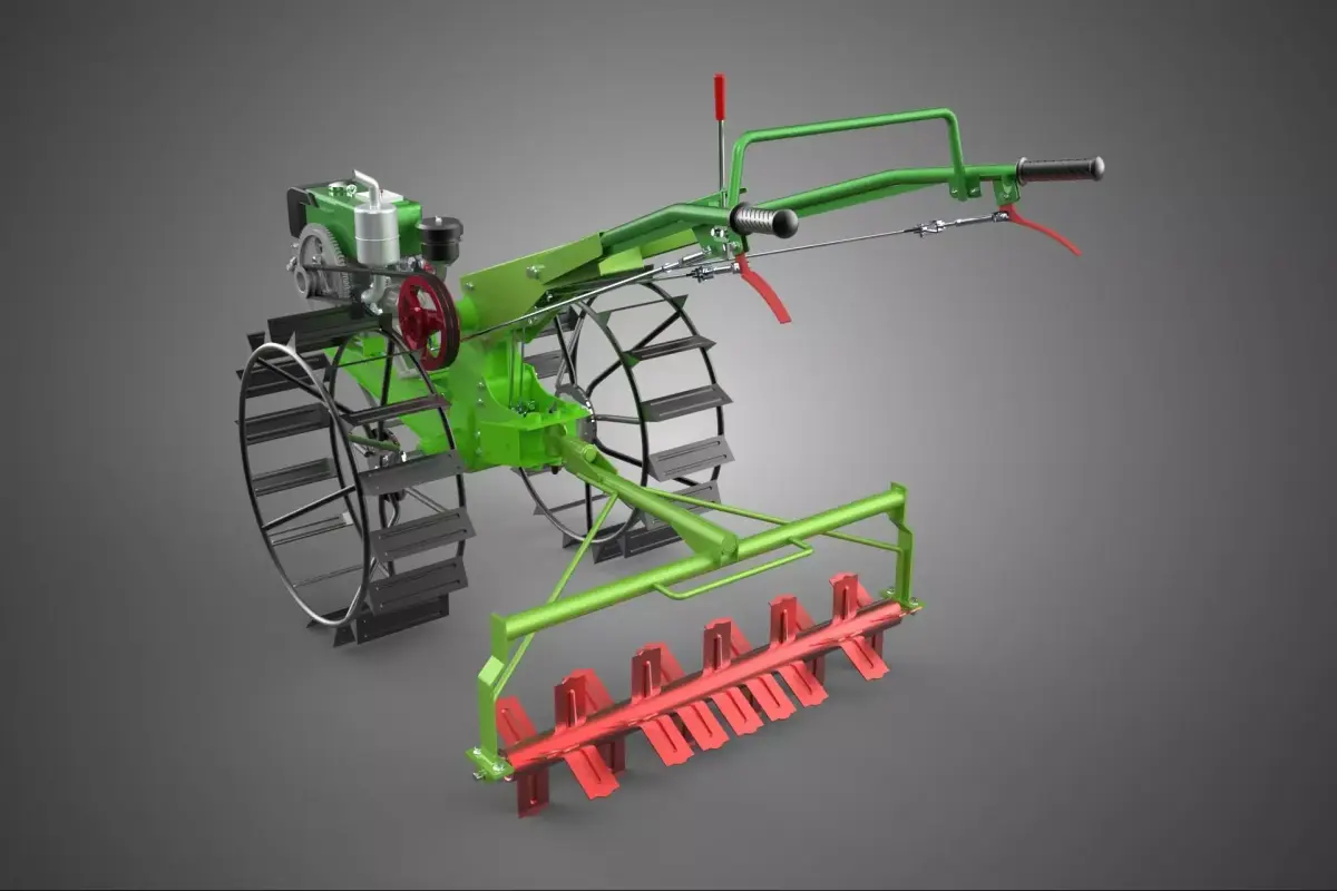 HAND WALKING TRACTOR ROTARY PUDDLER PUDDLING MUD RICE FARMING 3D model