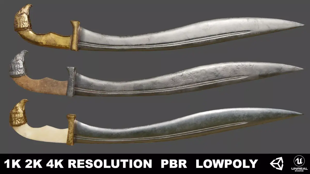 Kopis sword with gold handle Low-poly 3D model