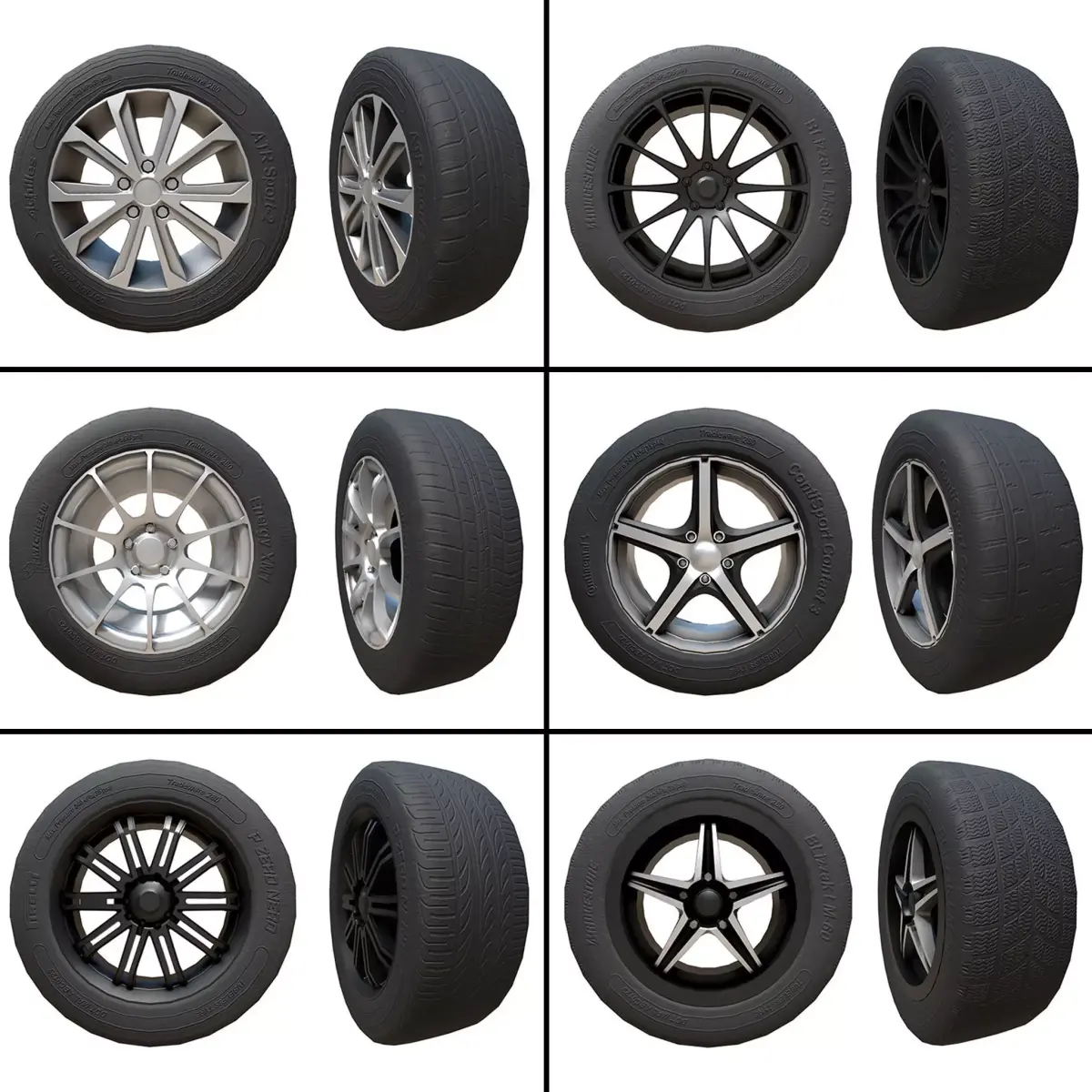Pack of Tyres and Alloys - 6 Alloy Wheels and 5 Tyre Textures Low-poly 3D model