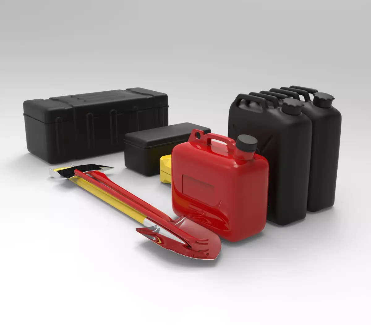 Off-Road Accessories Shovel Axe Jerry Cans Storage Boxes 3D model