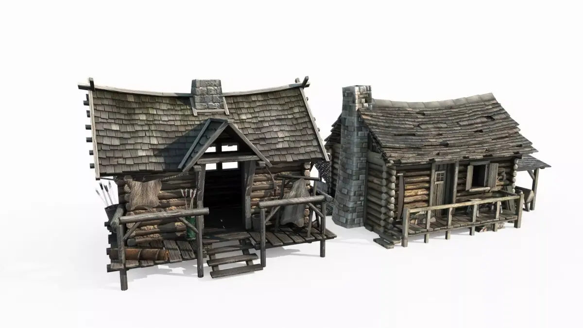 Two medieval buildings in hand drawn style 3D model