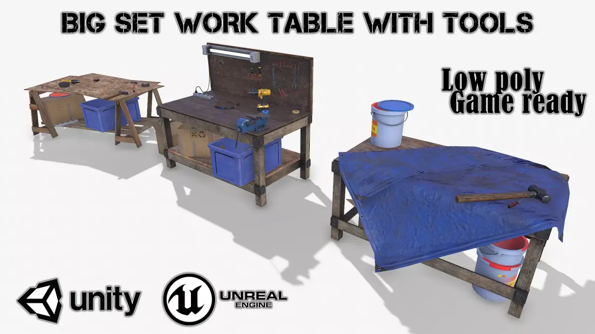 BIG SET WORK TABLE WITH TOOLS Low-poly 3D model