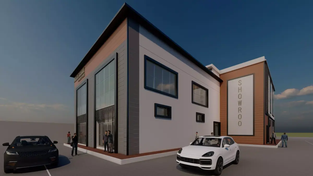 3D Showroom building with cars parked Low-poly 3D model