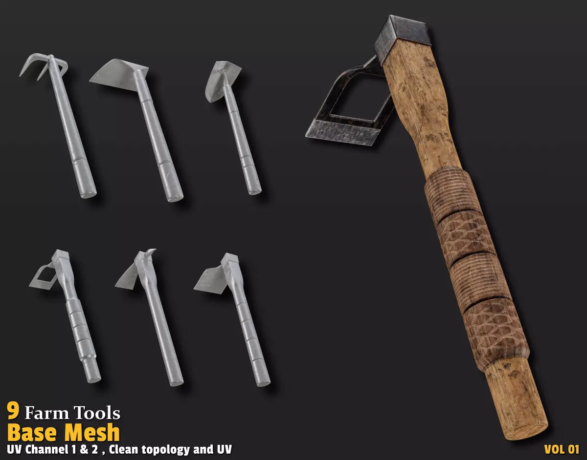 9 Farm Tools Base Mesh-VOL01 Low-poly 3D model