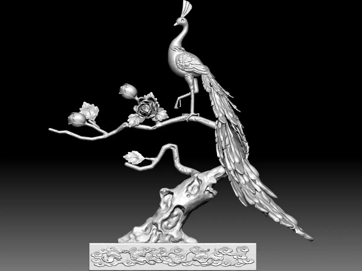Peacock and Flowers 3D model