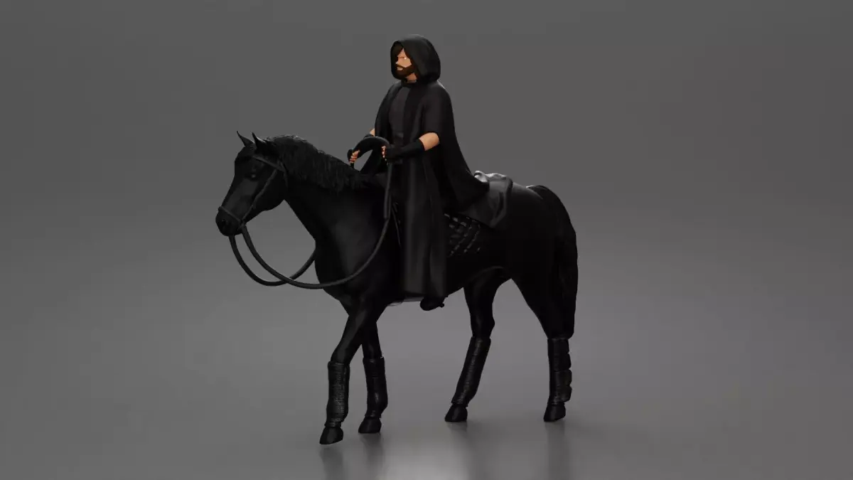 Mysterious hooded rider on dark steed ventures into silent night 3D print model