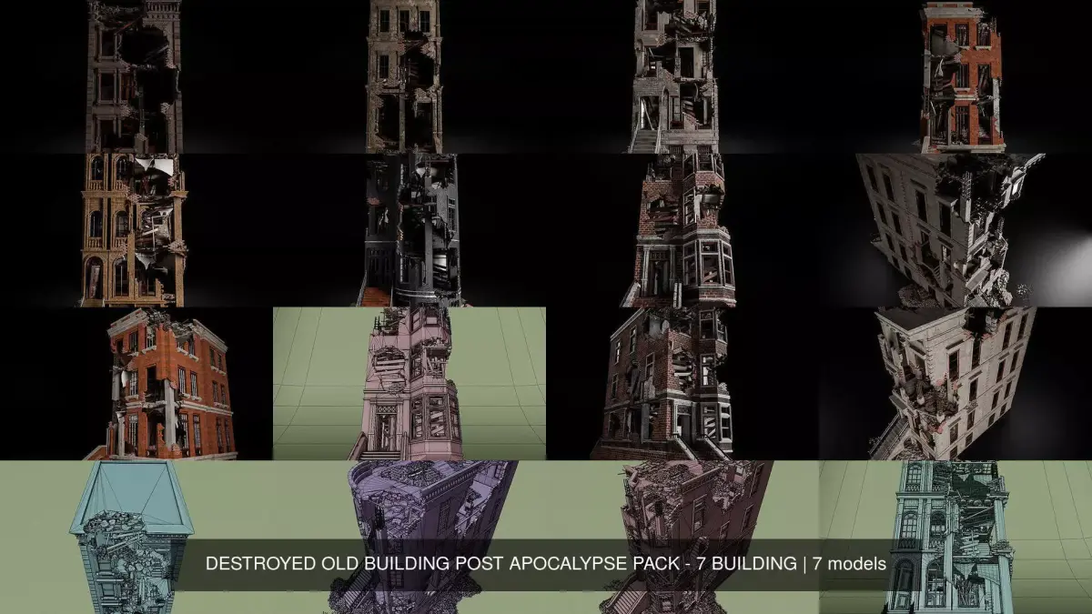 DESTROYED OLD BUILDING POST APOCALYPSE PACK - 7 BUILDING 3D Model Collection