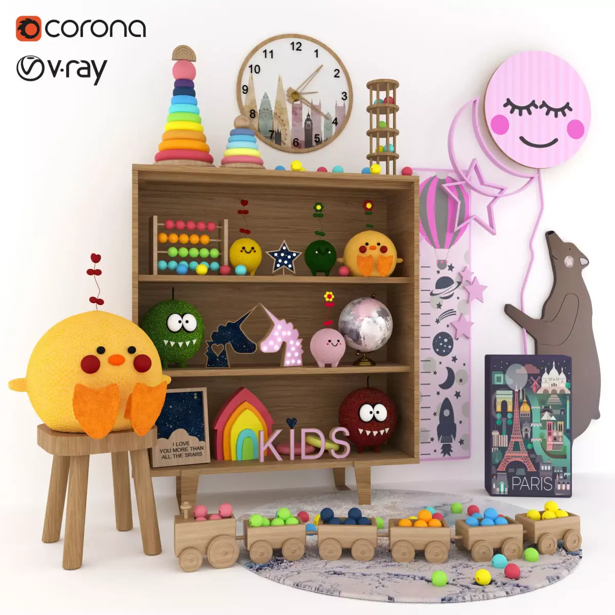 Bookcase with toys Low-poly 3D model