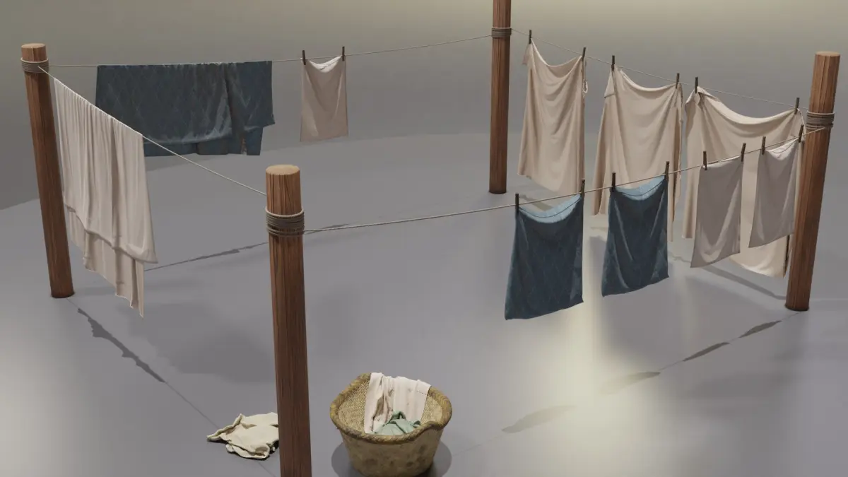 Clothes Line with Laundry Basket and Hanging Linens 3D model