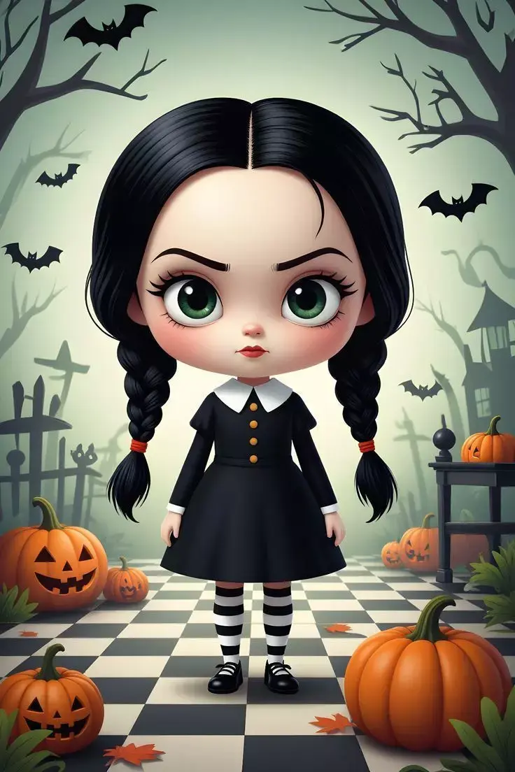 Cute Gothic Girl Black Dress Braids Pumpkins 3D Halloween Low-poly 3D model