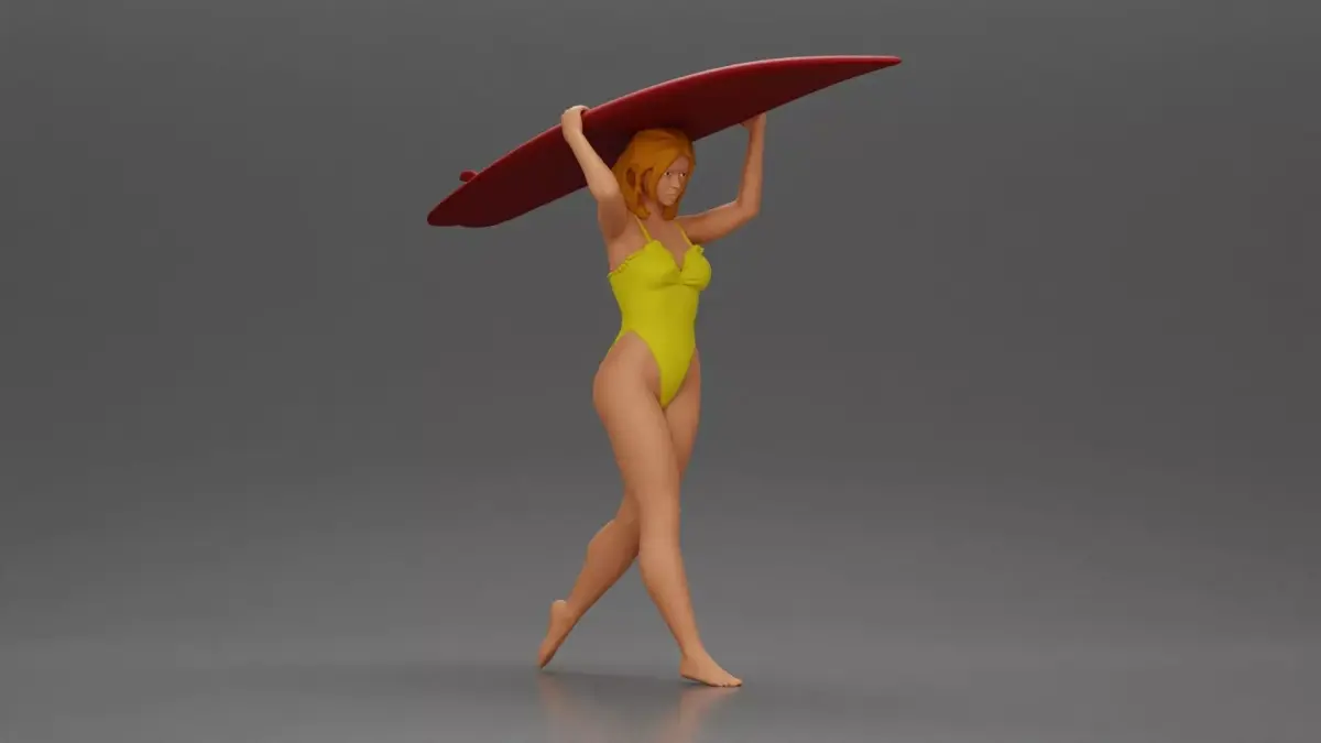 woman in swimsuit carrying a red surfboard on her shoulders 3D print model