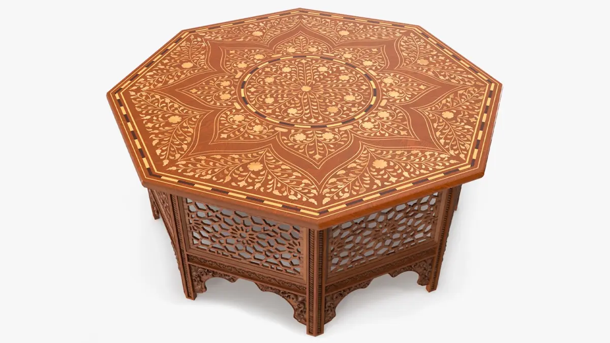 Oriental Wooden Table with Inlaid Floral Pattern 3D model