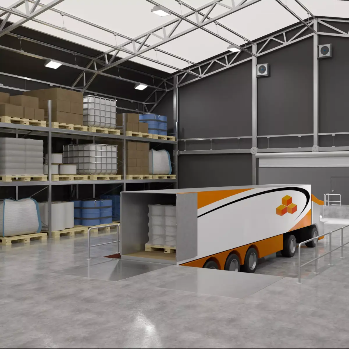 Warehouse 3 orange and truck in 3D model