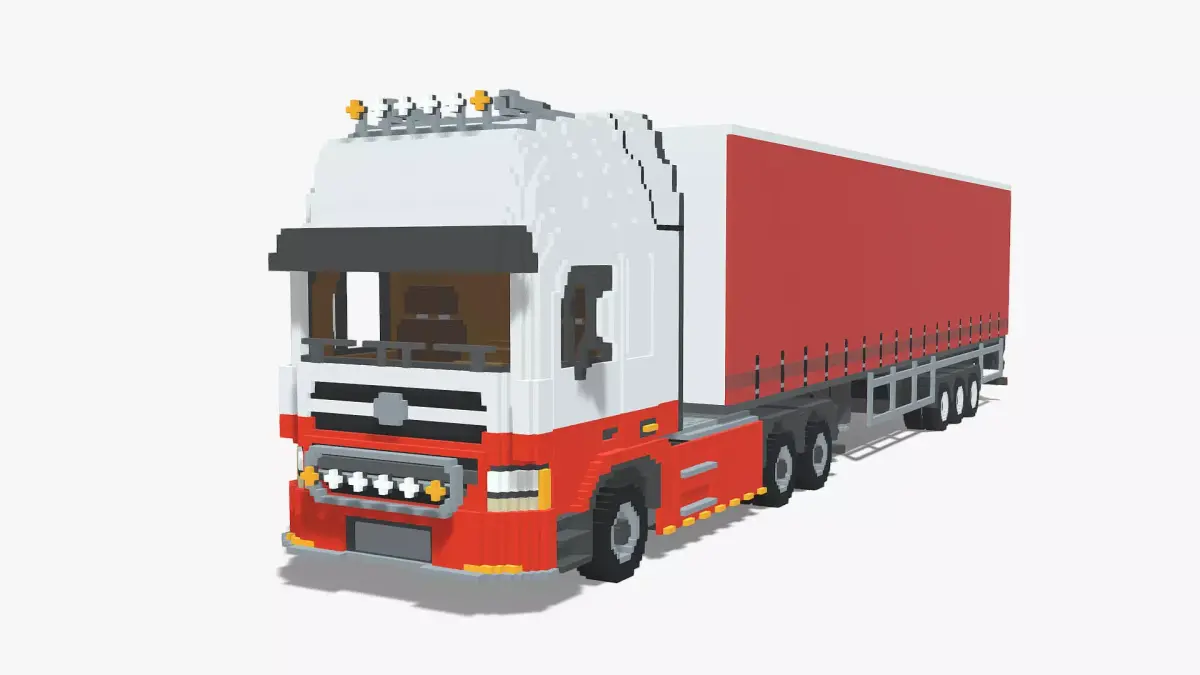 Voxel Truck and Curtain Trailer Low-poly 3D model
