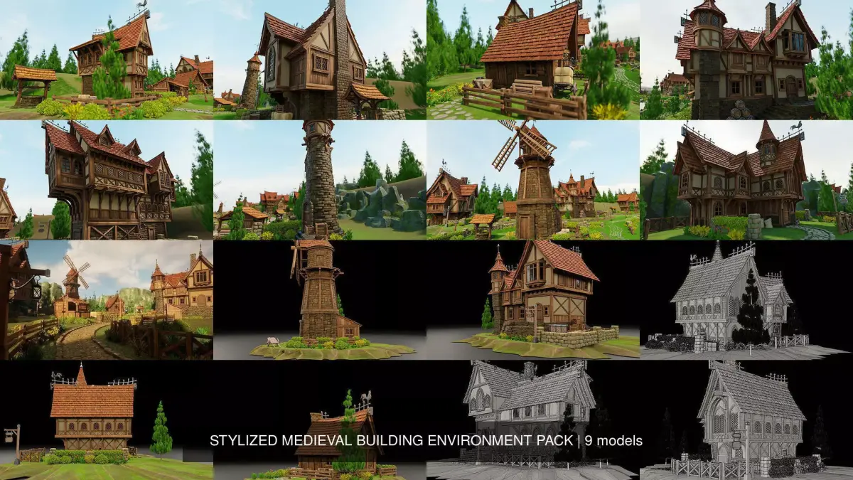 STYLIZED MEDIEVAL BUILDING ENVIRONMENT PACK 3D Model Collection