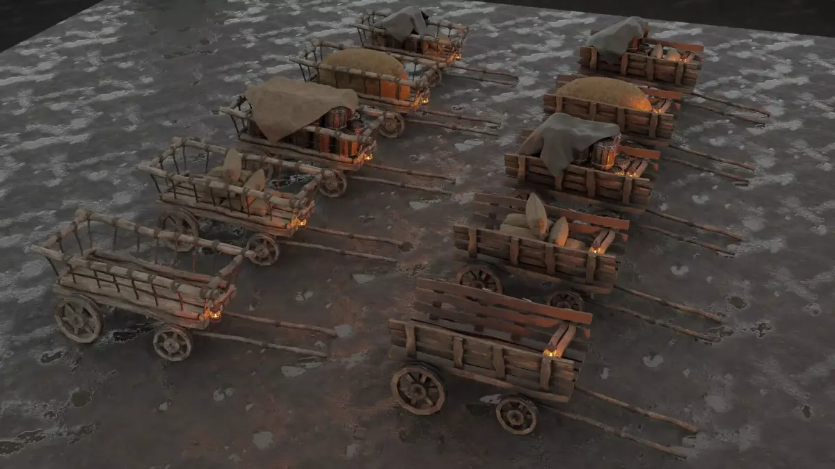 A set of stylized medieval carts with a lamp and a load Low-poly 3D model